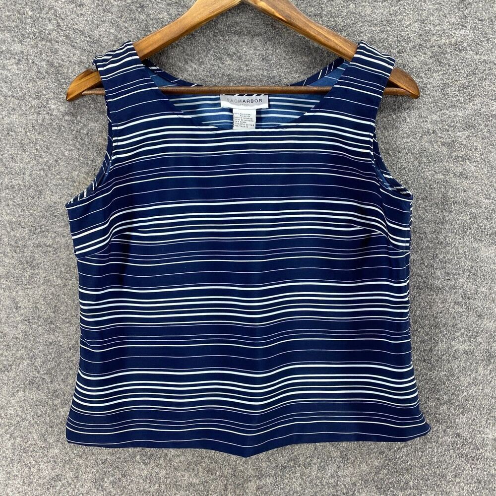 Sag Harbor Blouse Women 10 Blue Striped Sleeveless Wide Strap Round Neck Casual